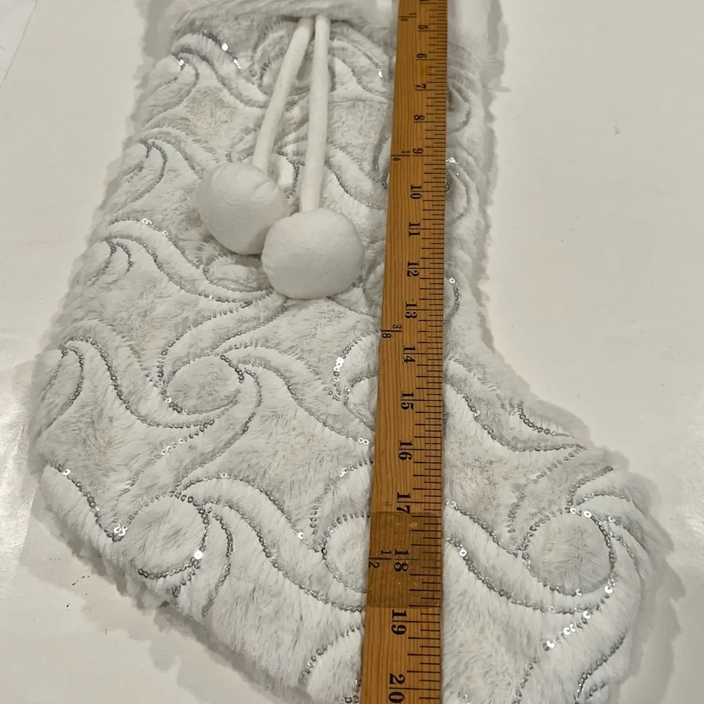 Jeffrey&James Holiday Decor Fluffy White With Silver Sequins Christmas Stocking